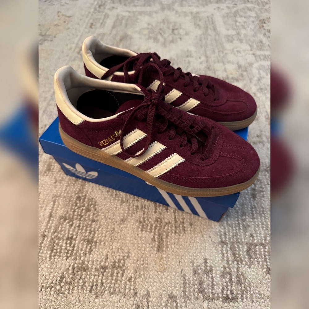 Adidas Spezial Maroon Sneakers with Cream Stripes Gold Metallic